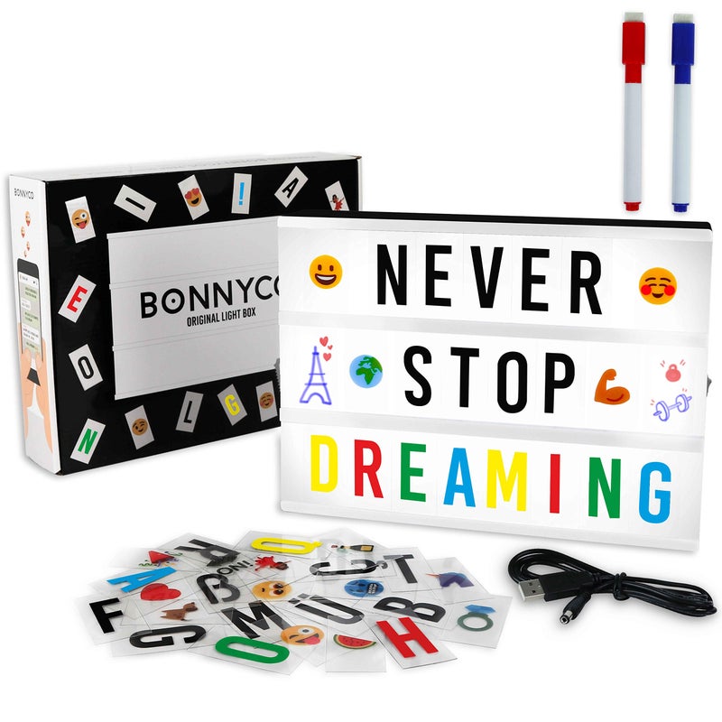BONNYCO Cinema Light Box with 400 Letters, Symbols, Emojis, 2 Markers and USB. Led Light Box Home Decor, Room Decor. Cinema Led Sign Letters Board, Novelty Gifts Christmas, Birthdays. Marquee Lightbox - Image 1